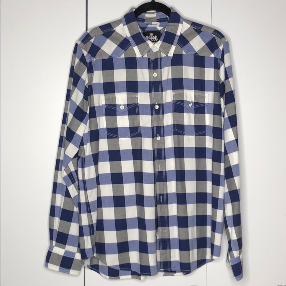 Express Button Up Shirt Blue White Check Plaid L